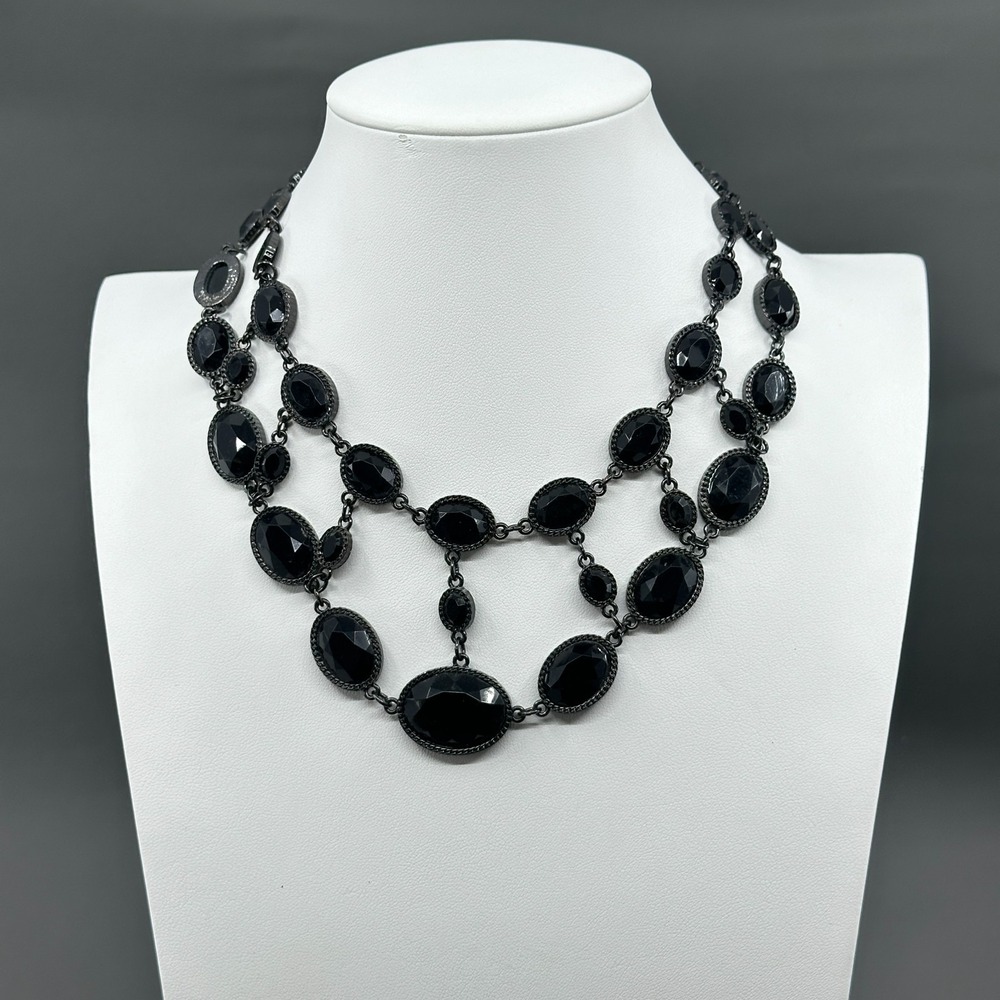 Black Faceted Oval Stone Layered Statement Necklace Gunmetal Gothic Victorian
